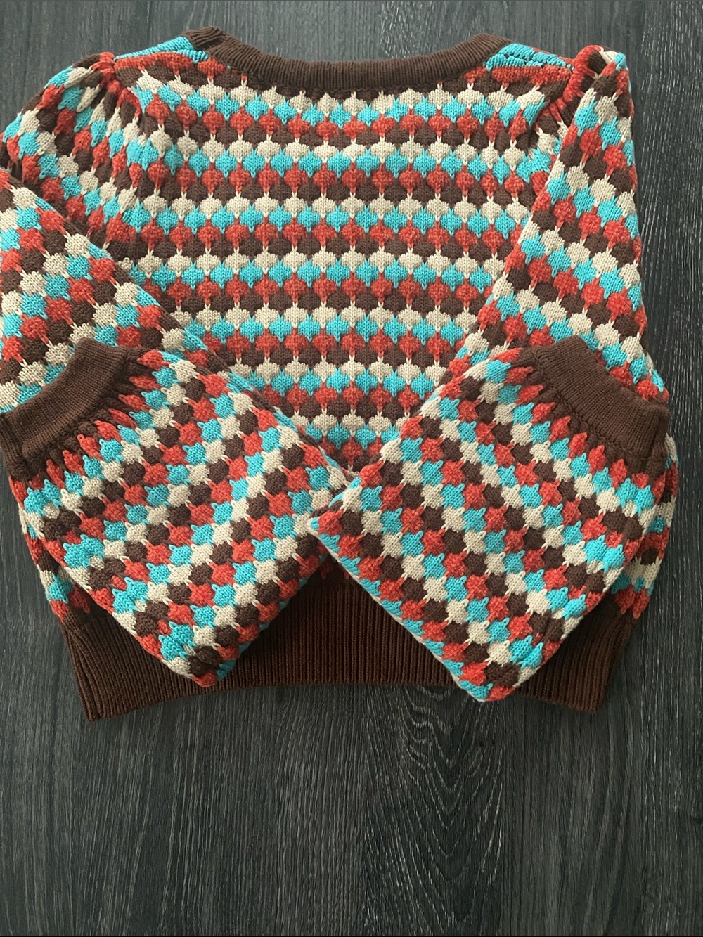 Cider Brown Turquoise Coral Cream Patterned Cropped Sweater - Picture 6 of 6